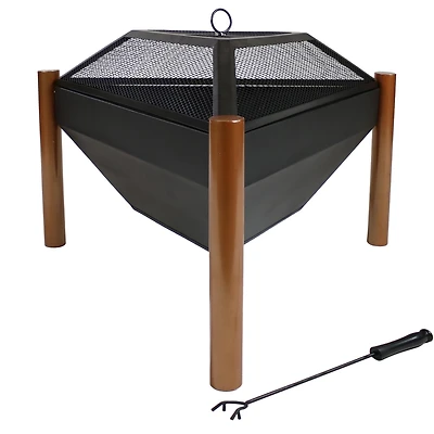 Outdoor Camping or Backyard Steel Triangle Fire Pit with Wood Grate, Log Poker, and Spark Screen - 31" - Copper Finish