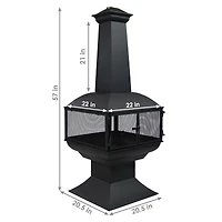 Outdoor Backyard Patio Steel 360-Degree View Wood-Burning Fire Pit Chiminea with Wood Grate and Poker - 57" - Black