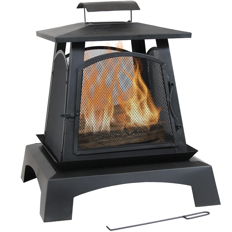 Outdoor Camping or Backyard Steel Pagoda Style Fire Pit with Log Poker and Wood Grate - 32" - Black