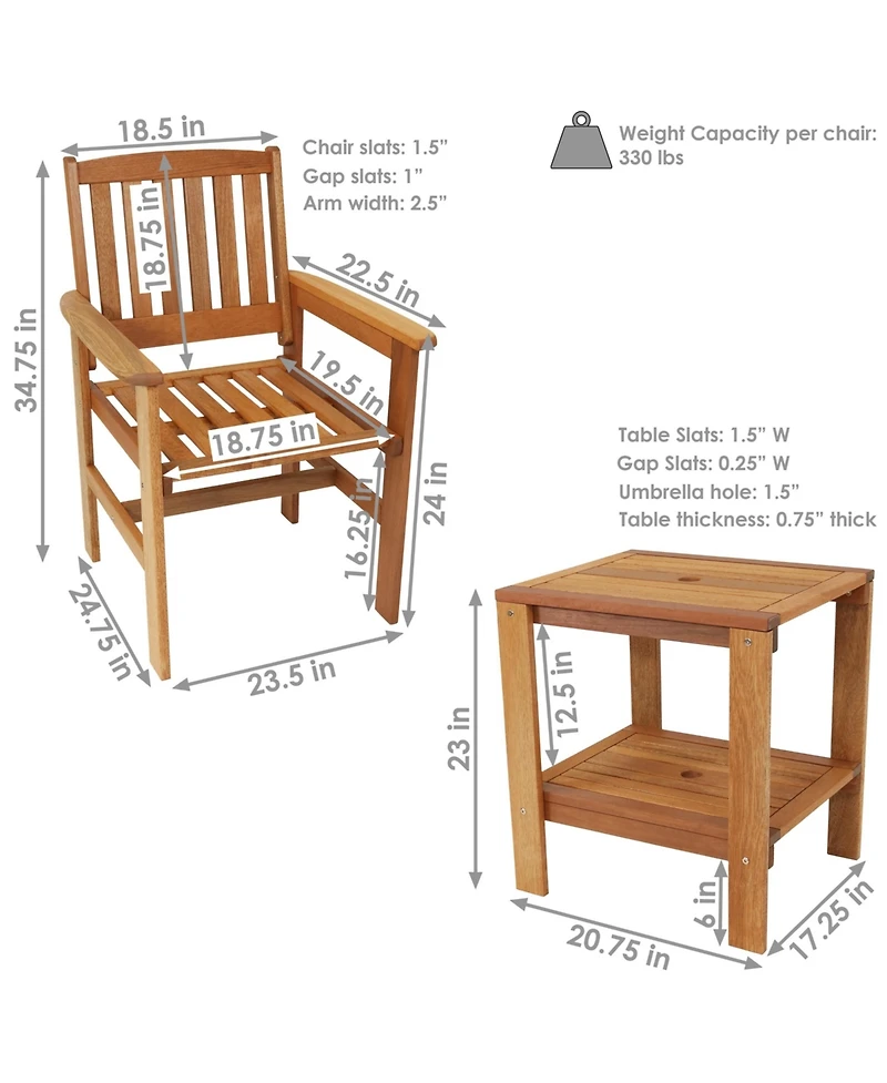 Outdoor Meranti Wood with Teak Oil Finish Patio Table and Chairs Conversation Set - Brown - 3pc