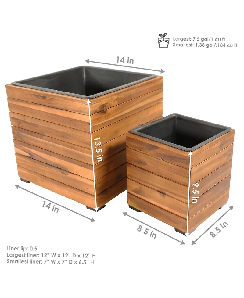 Indoor/Outdoor Square Acacia Wood Planter Box with Plastic Liner - 2pk
