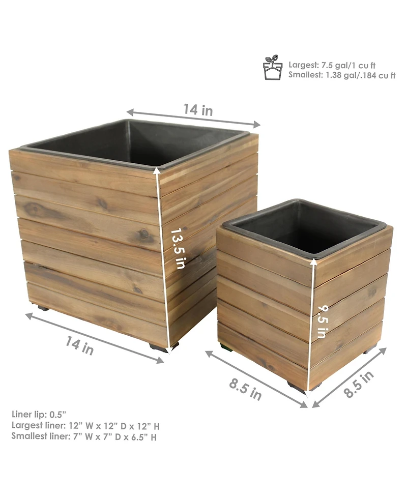Indoor/Outdoor Square Acacia Wood Planter Box with Plastic Liner - 2pk