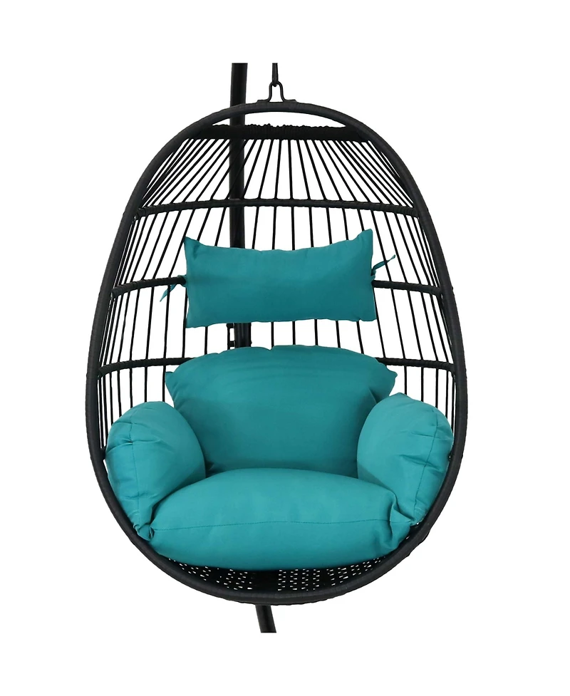 Dalia Resin Wicker Hanging Egg Chair with - Teal Polyester Cushions and Powder-Coated Steel Stand - 81 Inches H