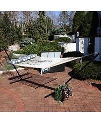 Outdoor 2-Person Double Cotton Rope Hammock with Wood Spreader Bar and 15ft Black Steel Stand - Cream