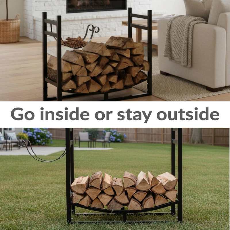 Indoor/Outdoor Steel Fire Pit or Fireplace Firewood Log Rack Holder with Kindling Storage Space - 33"