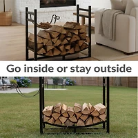 Indoor/Outdoor Steel Fire Pit or Fireplace Firewood Log Rack Holder with Kindling Storage Space - 33"