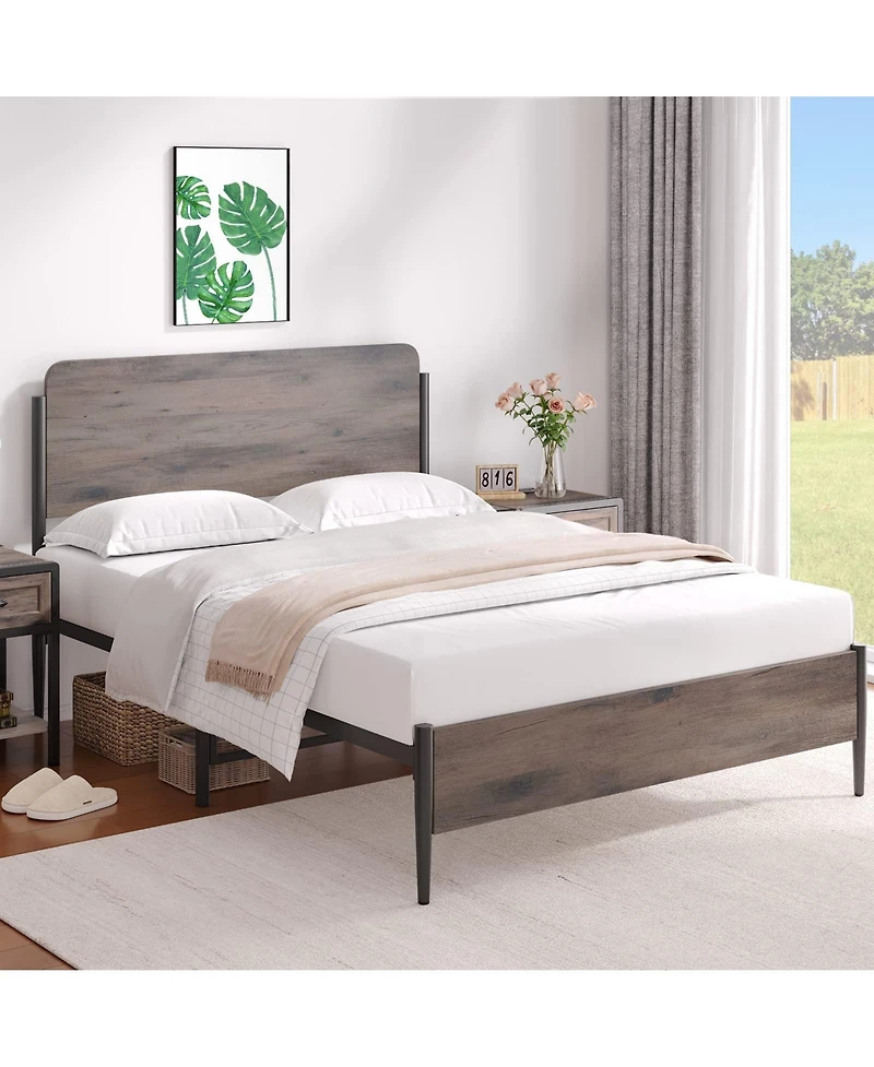 gaomon Queen Bed Frame with Wooden Headboard and Footboard,Metal Queen Size Bed Frame
