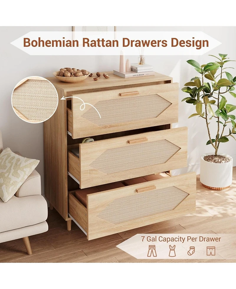 Dresser for Bedroom with 3 Drawers, Rattan Dresser with Spacious Storage, Modern Wooden Closet Dressers Chest of Drawers, Wood Nightstand for Bedroom,