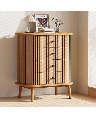 4 Drawer Dressers, Chest of Drawers for Bedroom, Nightstand, Spacious Storage Boho Wicker Dresser with Matte Black Handles and Wood Legs for Living Ro