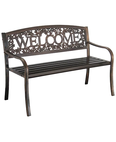 Floral Back Metal Patio Bench – Outdoor Weather-Resistant Garden Seat with Welcome Design