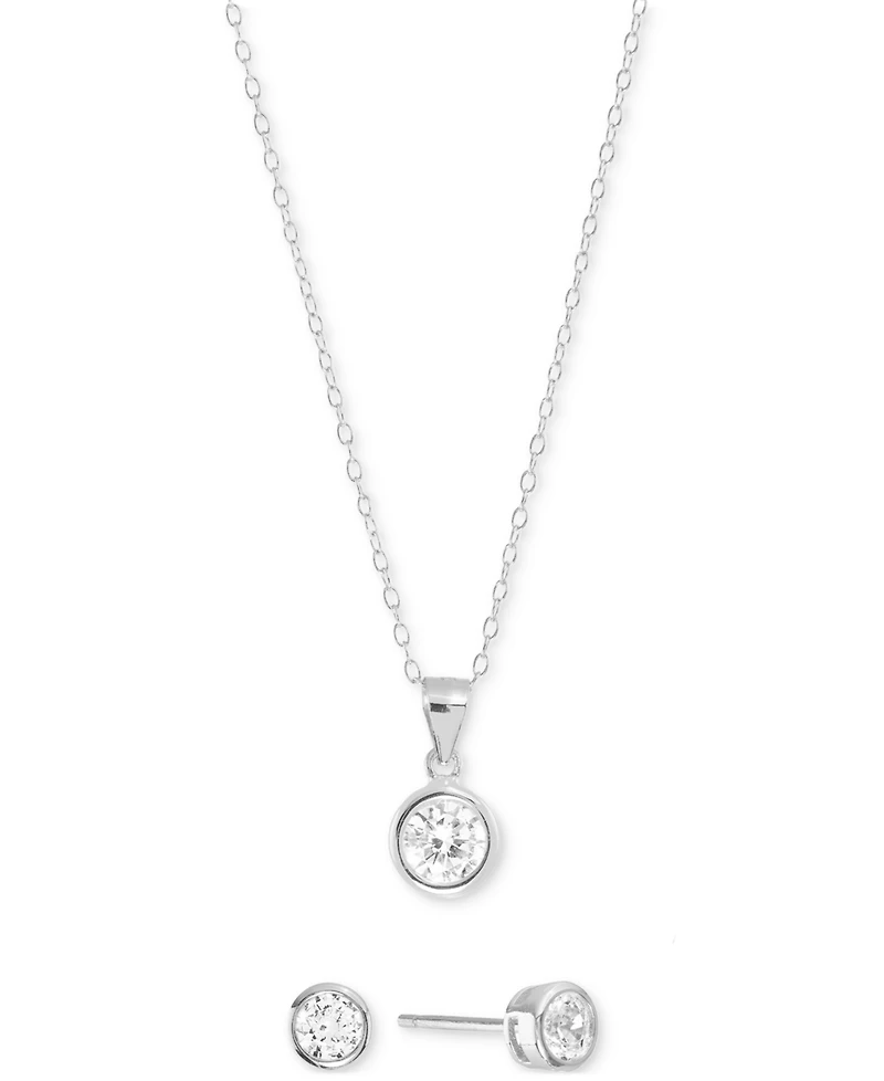 Macy's 2-Pc. Set Cubic Zirconia (2-1/3 ct. t.w.) Round Stud Earrings & Pendant Necklace in Sterling Silver, 16" + 2" extender (Also Available in 14k G