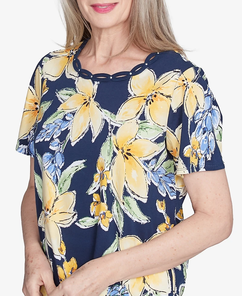 Alfred Dunner Women's Floral Braided Crew Neck Top