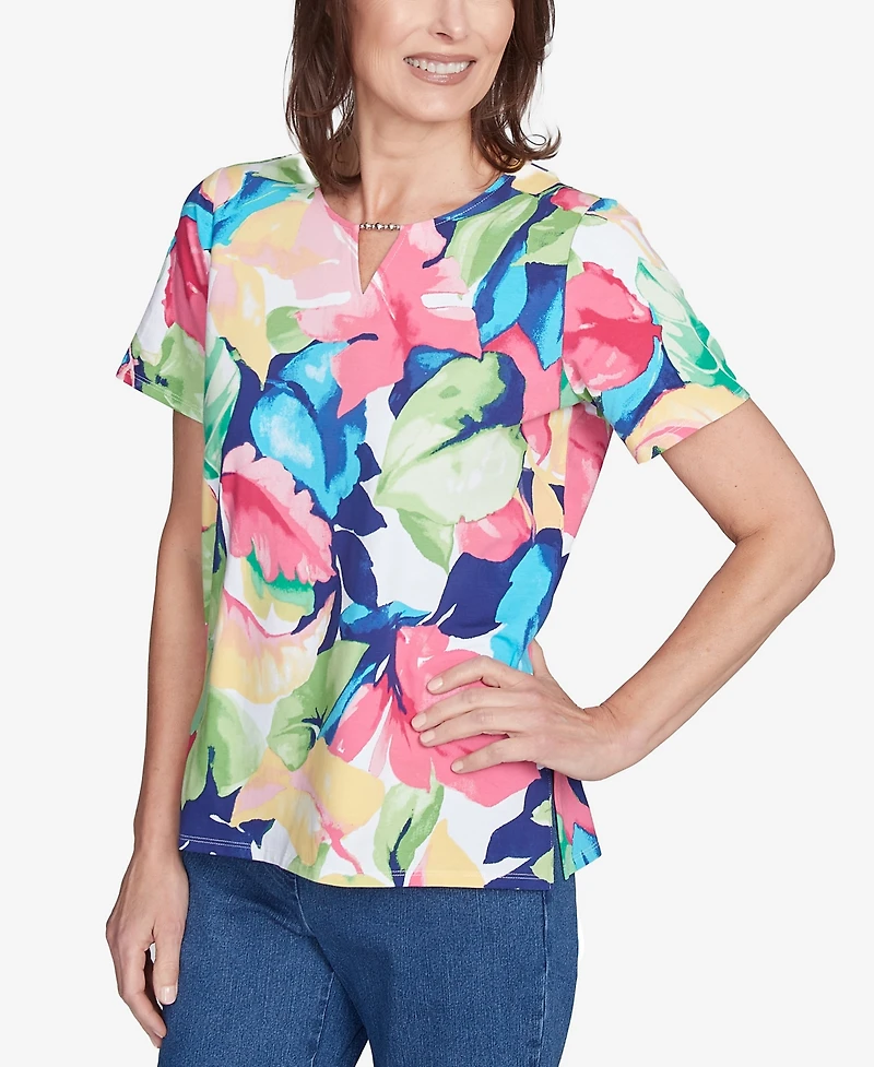 Alfred Dunner Women's Tropical Leaf Split Beaded Neck Top