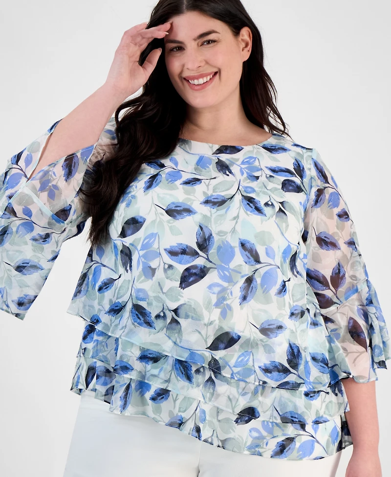 Alex Evenings Plus Size Floral Print Tiered Bell-Sleeve Blouse