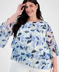 Alex Evenings Plus Size Floral Print Tiered Bell-Sleeve Blouse