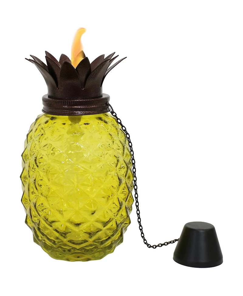 Outdoor Adjustable Height 3-in-1 Glass Tropical Pineapple Torches with Connected Snuffs and Metal Poles - 2pk