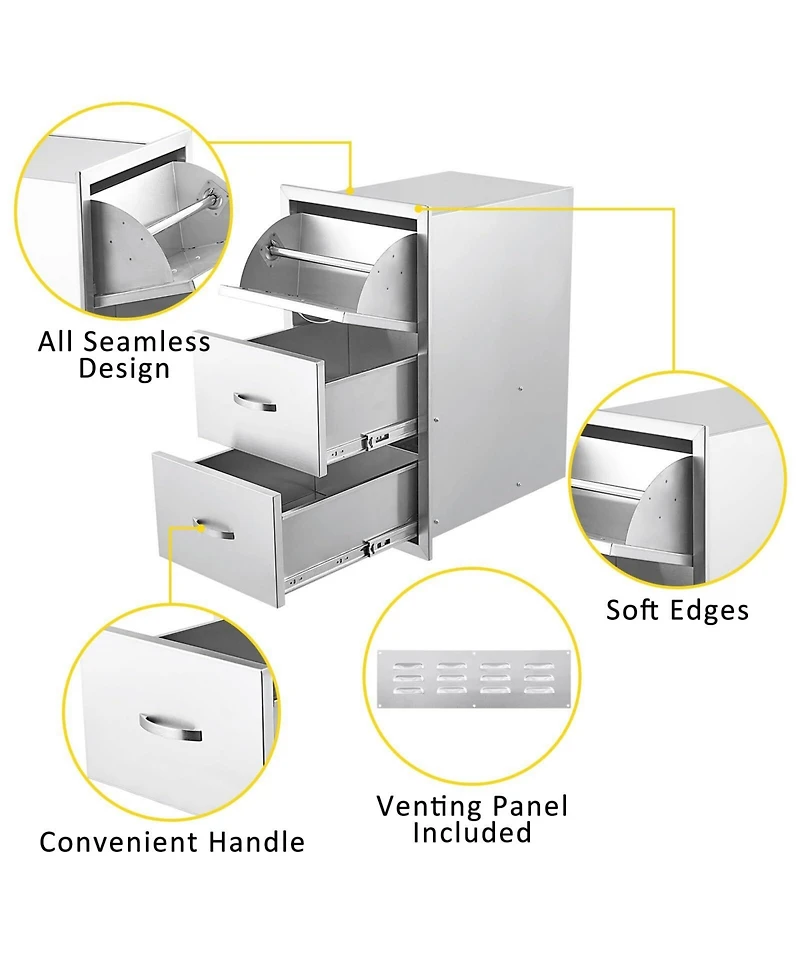 gaomon Outdoor Kitchen Drawer with Paper Towel Holder, Stainless Steel Flush Mount Triple Bbq Drawers, 17W x 21D x 30H Inches Built-In Access Drawer w