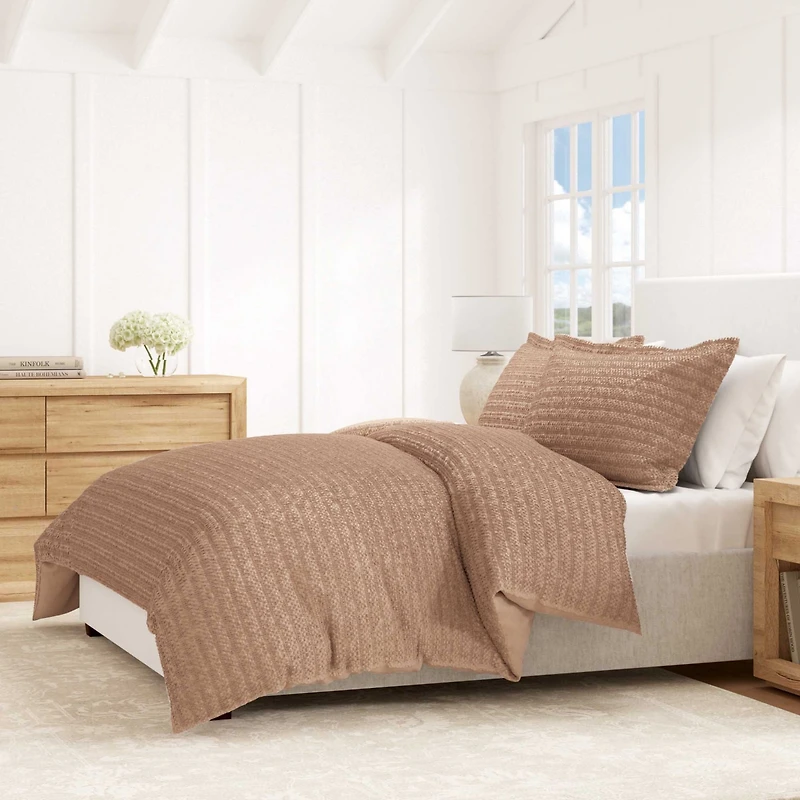 Linery & Co. 100% Cotton Reversible Honeycomb Waffle / Percale Duvet Cover Set
