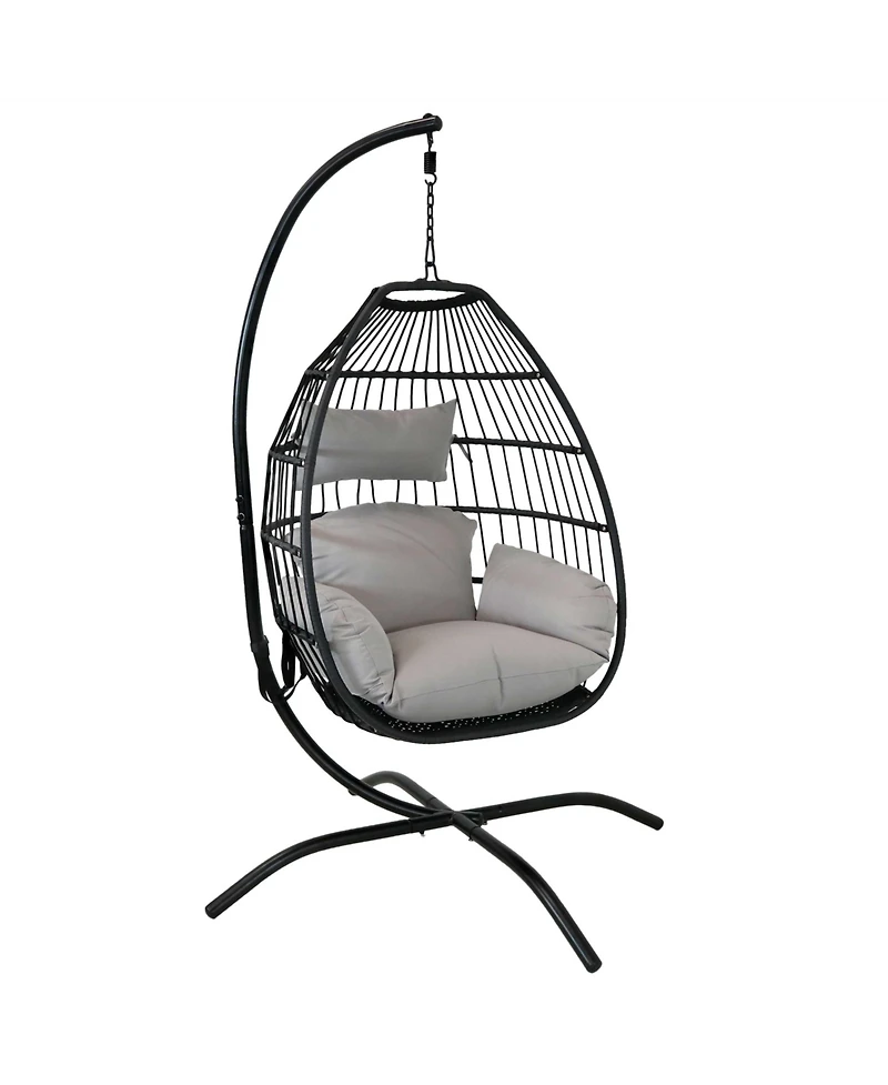 Outdoor Resin Wicker Patio Delaney Hanging Basket Egg Chair with Cushions, Headrest, and Steel Stand Set - Gray - 3pc