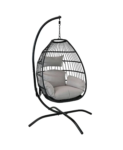 Outdoor Resin Wicker Patio Delaney Hanging Basket Egg Chair with Cushions, Headrest, and Steel Stand Set - Gray - 3pc