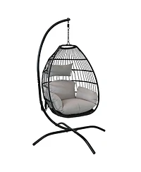 Outdoor Resin Wicker Patio Delaney Hanging Basket Egg Chair with Cushions, Headrest, and Steel Stand Set - Gray - 3pc