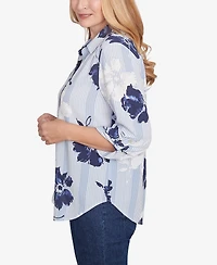 Alfred Dunner Petite Classics Striped Flower Button Front Tie Sleeve Blouse