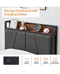 gaomon Twin Size Bed Frame with 2 Storage Drawers and Charging Station, Rustic Linen Upholstered Platform Bedframe with Storage Headboard