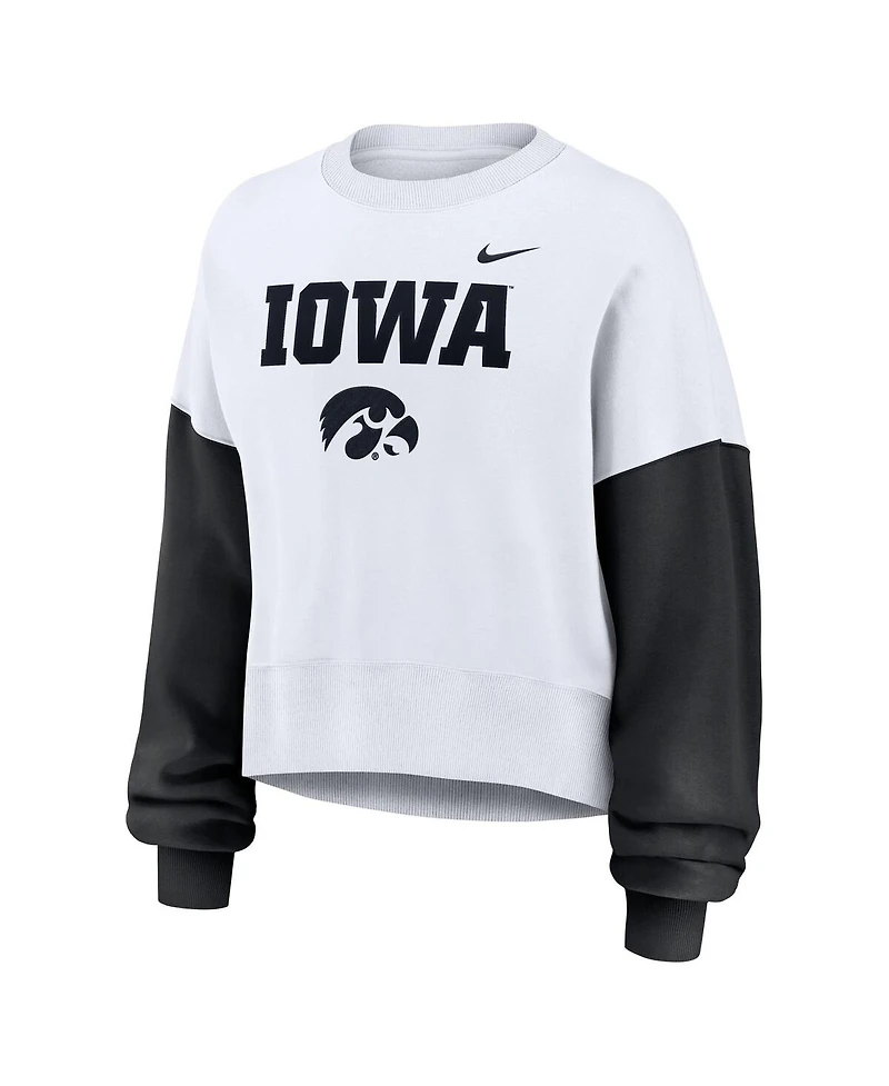 Nike Women's White Iowa Hawkeyes Color-Block Oversized Cropped Pullover Sweatshirt