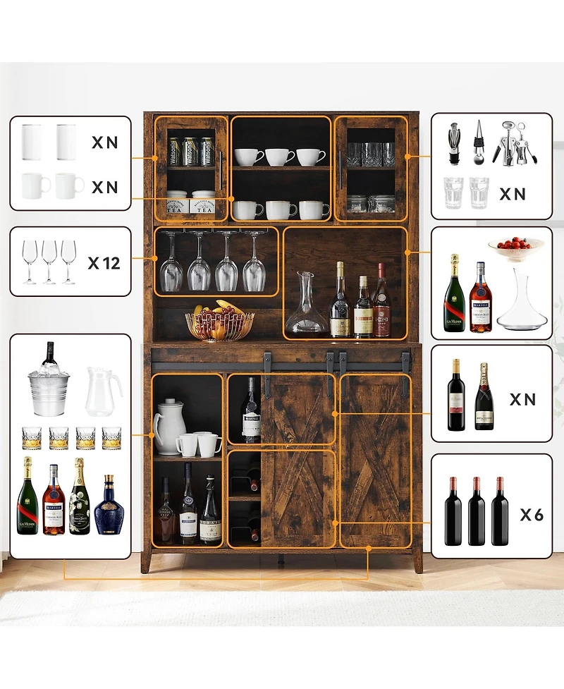 gaomon 70" Farmhouse Bar Wine Cabinet with Sliding Barn Doors, Coffee Liquor Cabinets with Storage Shelves and Glasses Rack for Kitchen