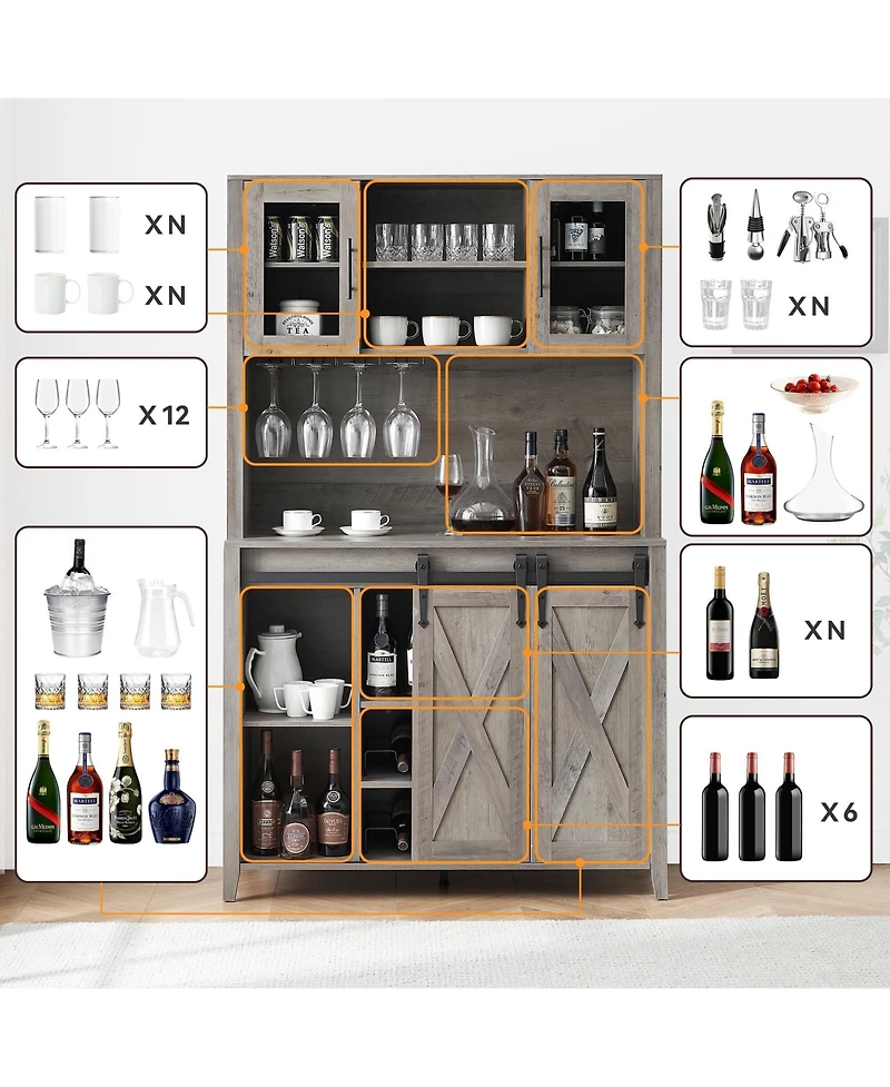 gaomon 70" Farmhouse Bar Wine Cabinet with Sliding Barn Doors, Coffee Liquor Cabinets with Storage Shelves and Glasses Rack for Kitchen
