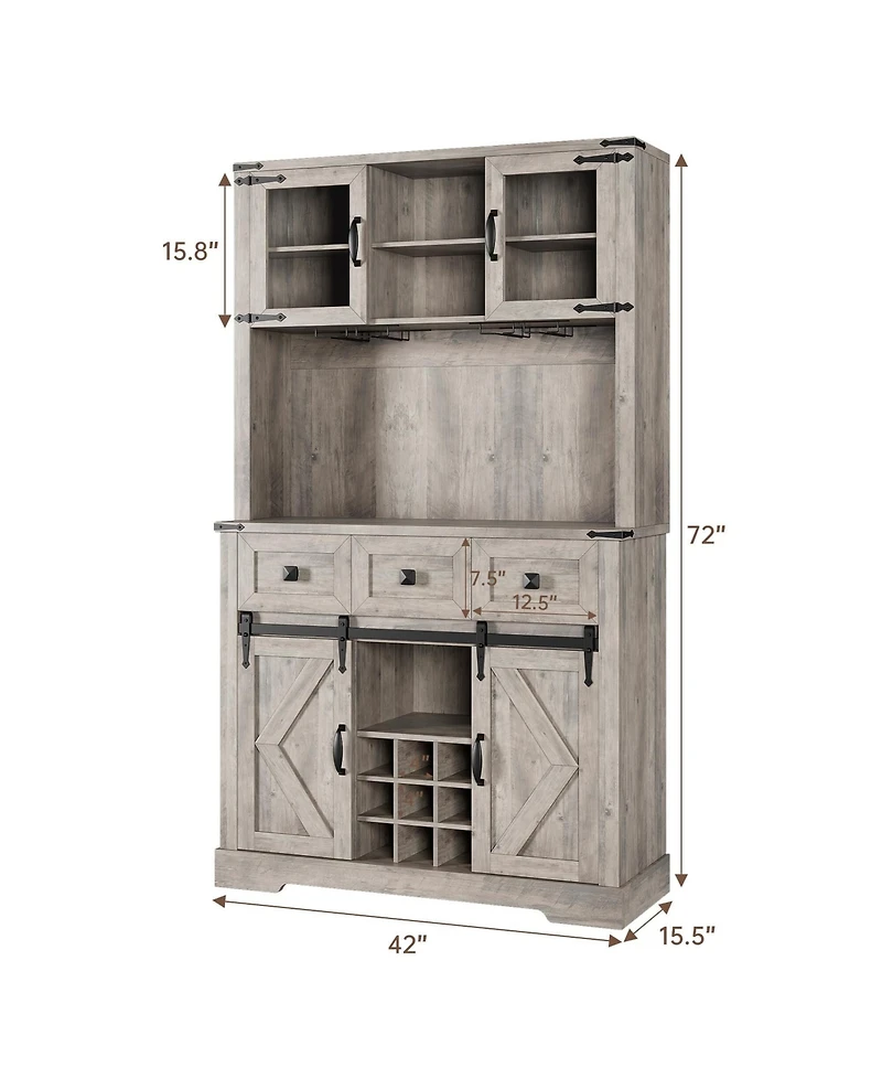 gaomon 72" Farmhouse Bar Cabinet with Sliding Barn Door, Tall Kitchen Buffet with Storage Hutch and 3 Drawer