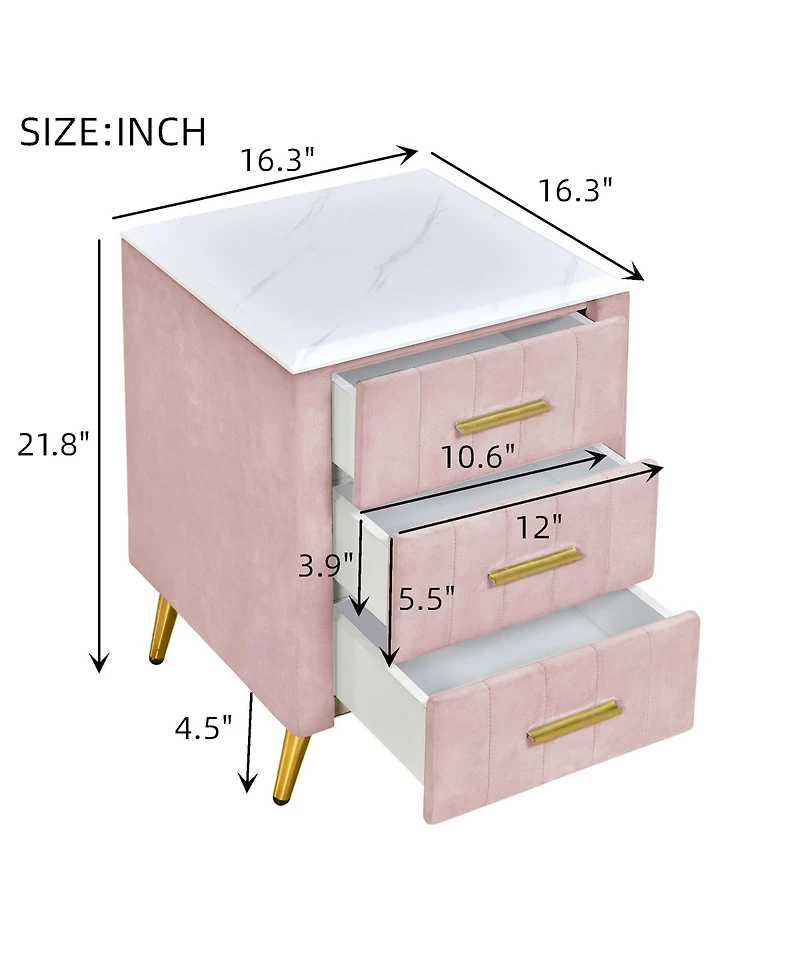 Lovmor Upholstered Wooden Nightstand with 3 Drawers and Metal Legs&Handles, Bedside Table with Marbling Worktop