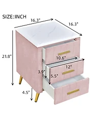 Lovmor Upholstered Wooden Nightstand with 3 Drawers and Metal Legs&Handles, Bedside Table with Marbling Worktop