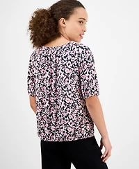 Ak Anne Klein Petite Elbow-Sleeve Keyhole-Cutout Floral-Print Top