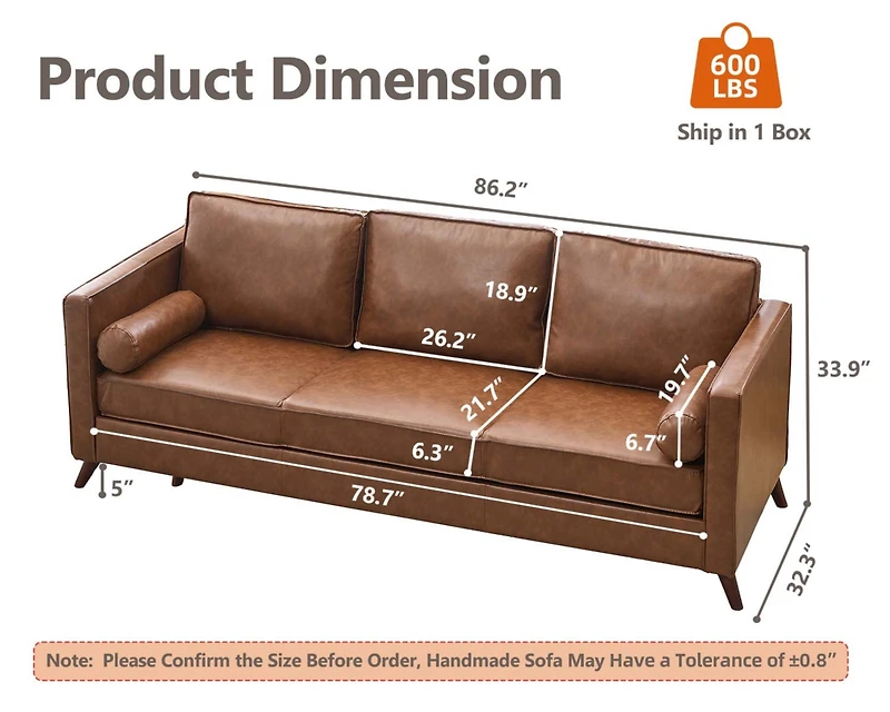 gaomon 3 Seat Leather Sofa, Mid Century Modern Deep Seat Couch with Wide Armrests and Supportive Backrest, Brown Pu Couch, Waterproof Oversized Cloud