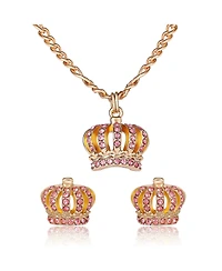 Juicy Couture Crown Pendant Necklace & Stud Earrings Set - Pink Crystal Embellished