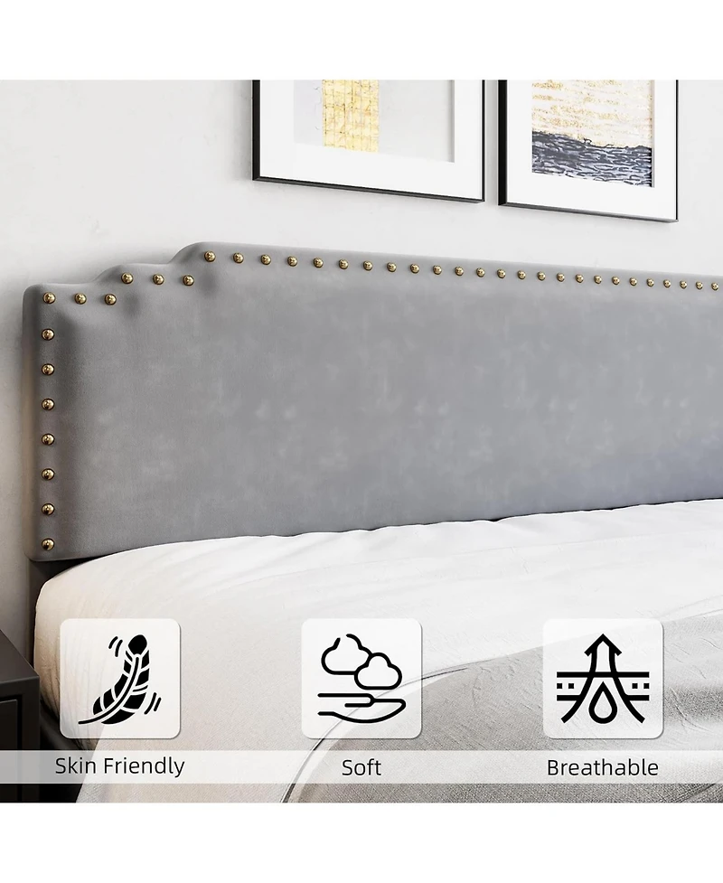 gaomon Queen Size Bed Frame with Headboard, Velvet Upholstered Platform Bed with Rivet Decor, Heavy Duty, No Box Spring Needed, Easy Assembly