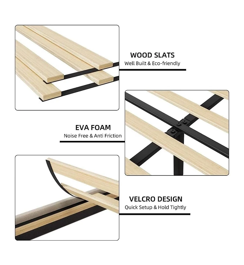 gaomon Upholstered Platform Bed Frame, Bed Frame with Charging Station, Storage Shelf and Usb Ports, Luxurious Linen Upholstery Platform Bed with Wing