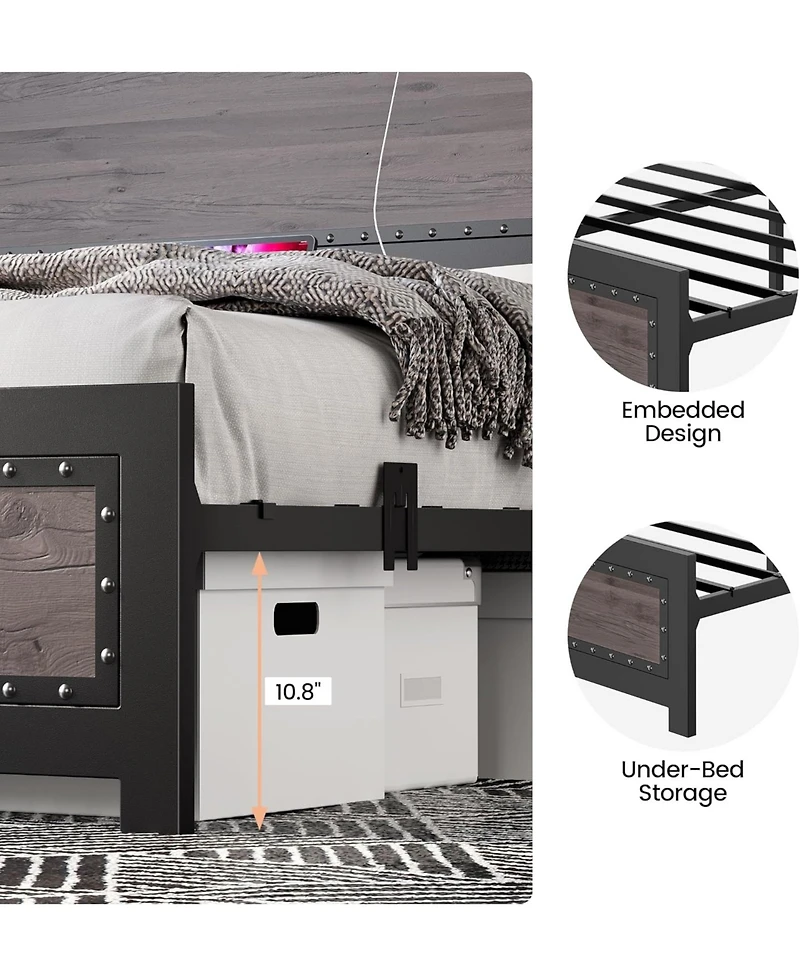 gaomon Queen Size Bed Frame with Headboard, Industrial Platform Bed Frame with Charging Station, No Box Spring Required, Easy to Assemble, Wooden Matt