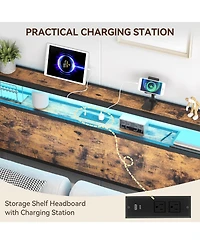 gaomon Full Size Headboard, Headboard with 2 Outlets, Led Lights and Usb Ports, Adjustable Height, Storage Rack, Sturdy and Stable, Easy Assembly, Rus
