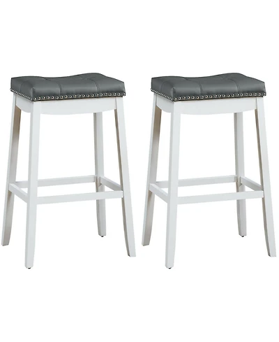 Gymax Set of 2 Nailhead Saddle Bar Stools 29'' Pub Chairs with Rubber Wood Legs