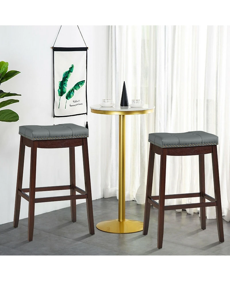 Gymax Set of 2 Nailhead Saddle Bar Stools 29'' Pub Chairs with Rubber Wood Legs