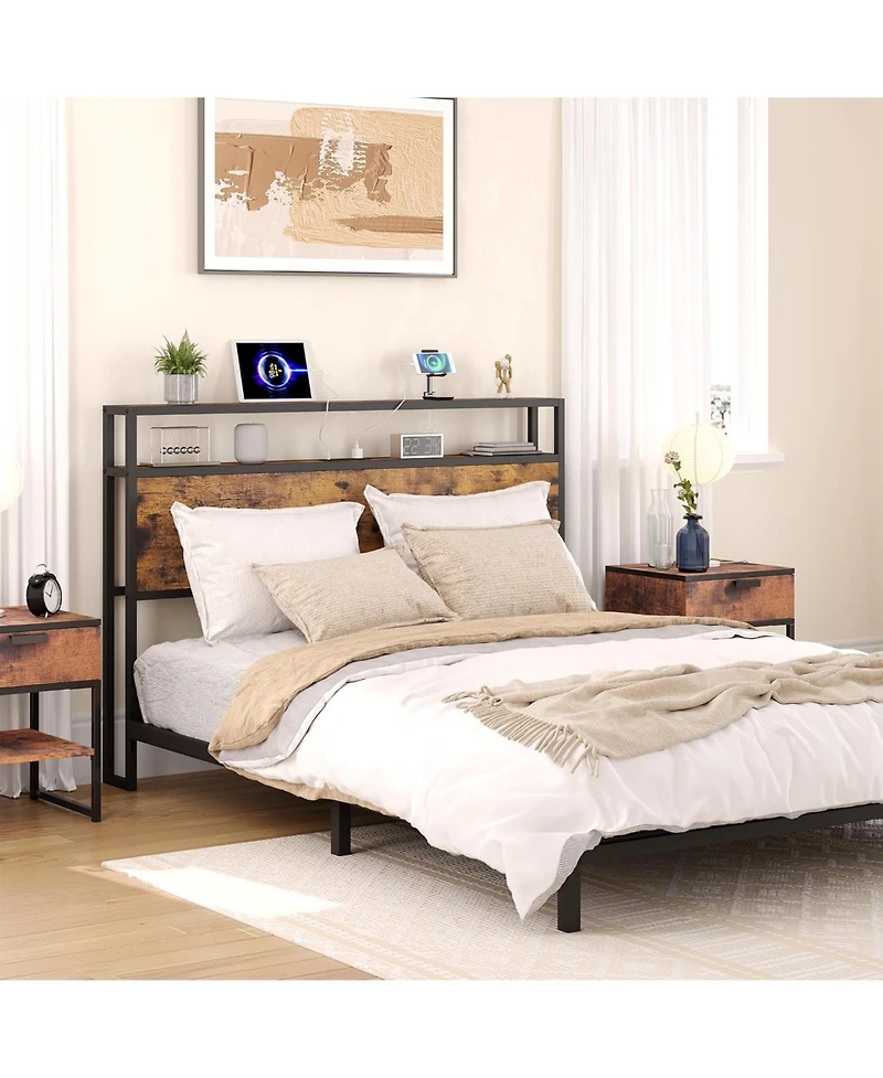 gaomon Queen Size Headboard, Headboard with 2 Outlets, Led Lights and Usb Ports, Adjustable Height, Storage Rack, Sturdy and Stable, Easy Assembly, Ru