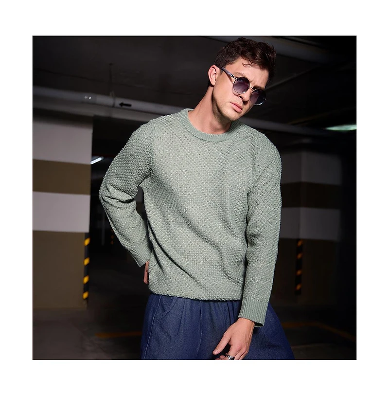 Campus Sutra Men's Sage Green Textured Knit Pullover Sweater