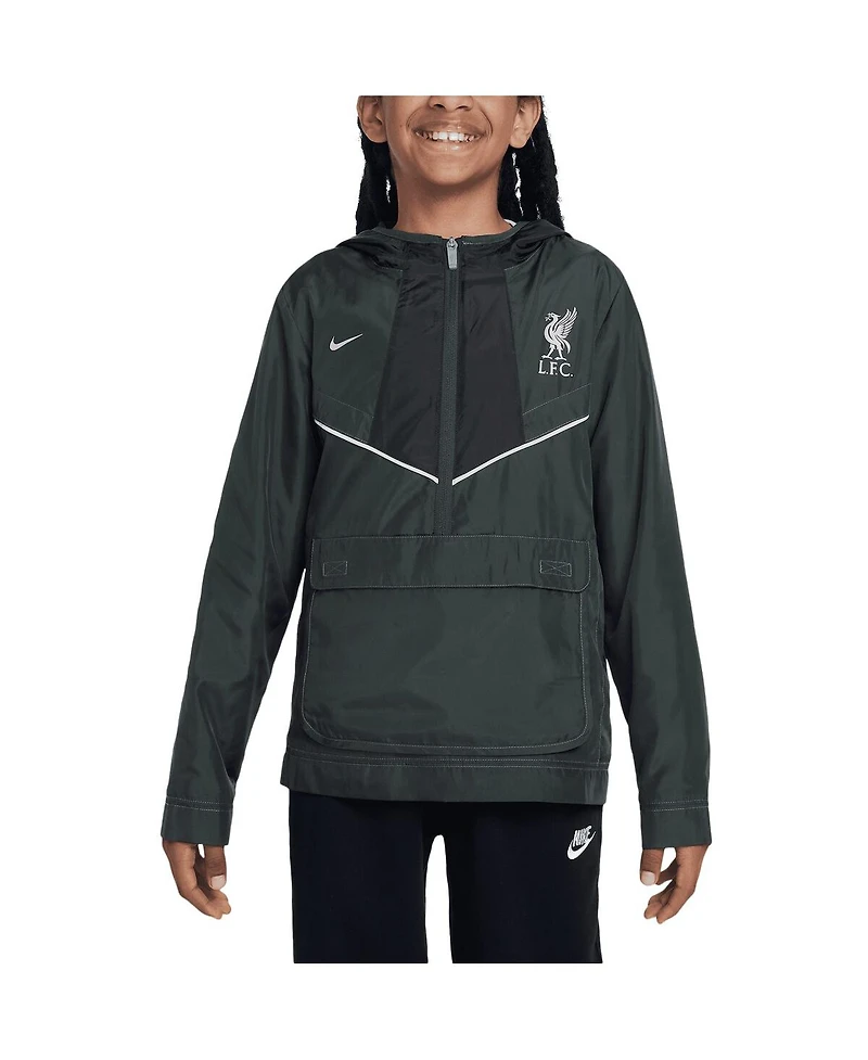 Nike Big Boys and Girls Black Liverpool Amplify Windrunner Anorak Half-Zip Hoodie Jacket