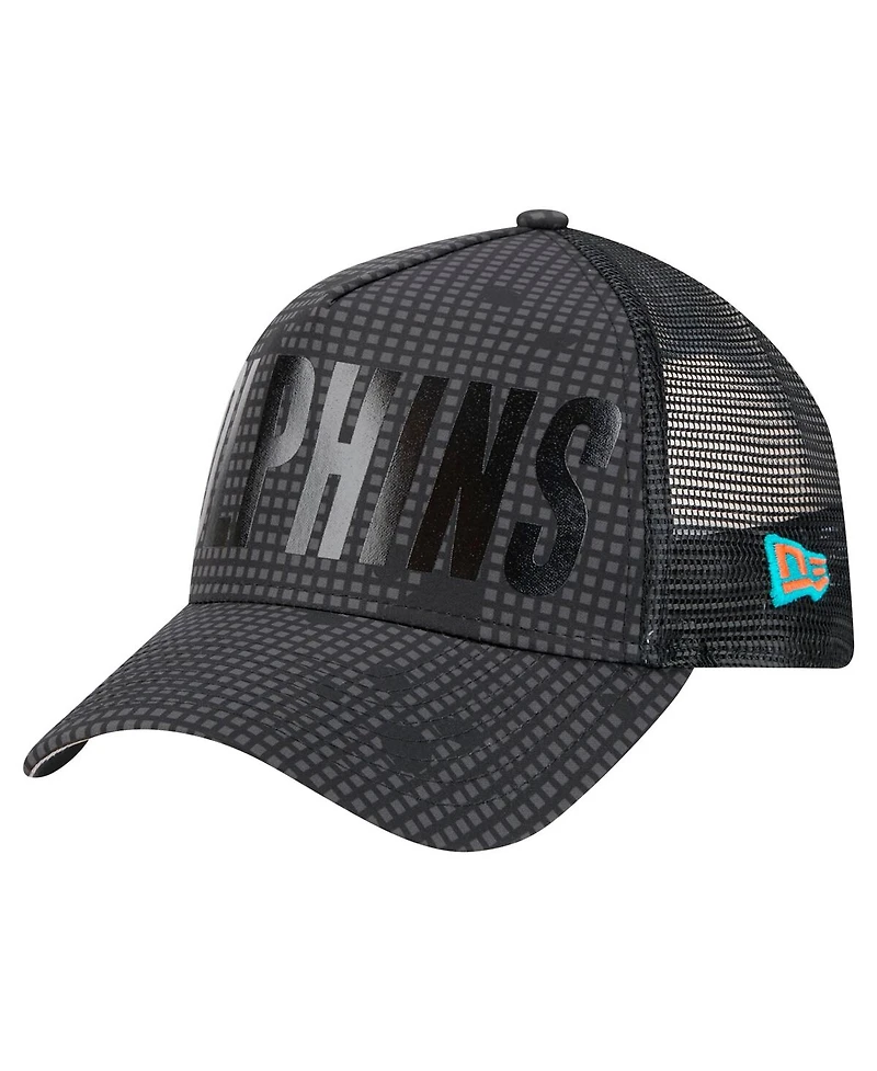 New Era Men's Black Miami Dolphins Midnight Ink Tonal Text A-Frame Trucker 9FORTY Adjustable Hat