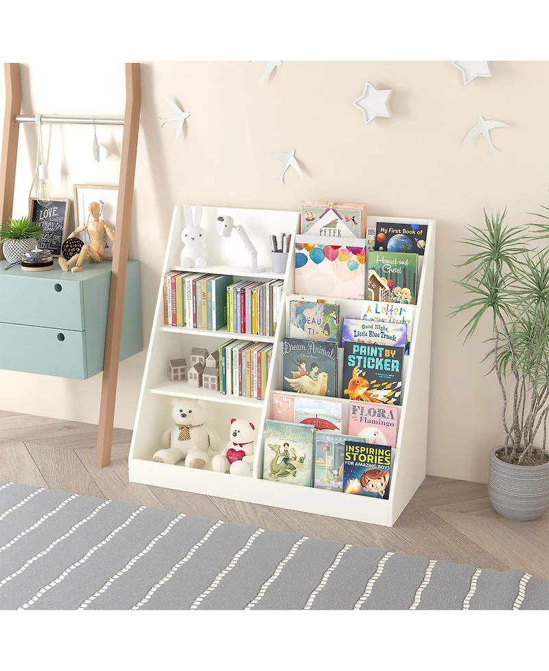 Lovmor Kids Bookshelf and Toy Storage Organizer, Multifunctional 4 Tier Wooden Kids Book Shelf with Bookcase Display Stand in Kids Room
