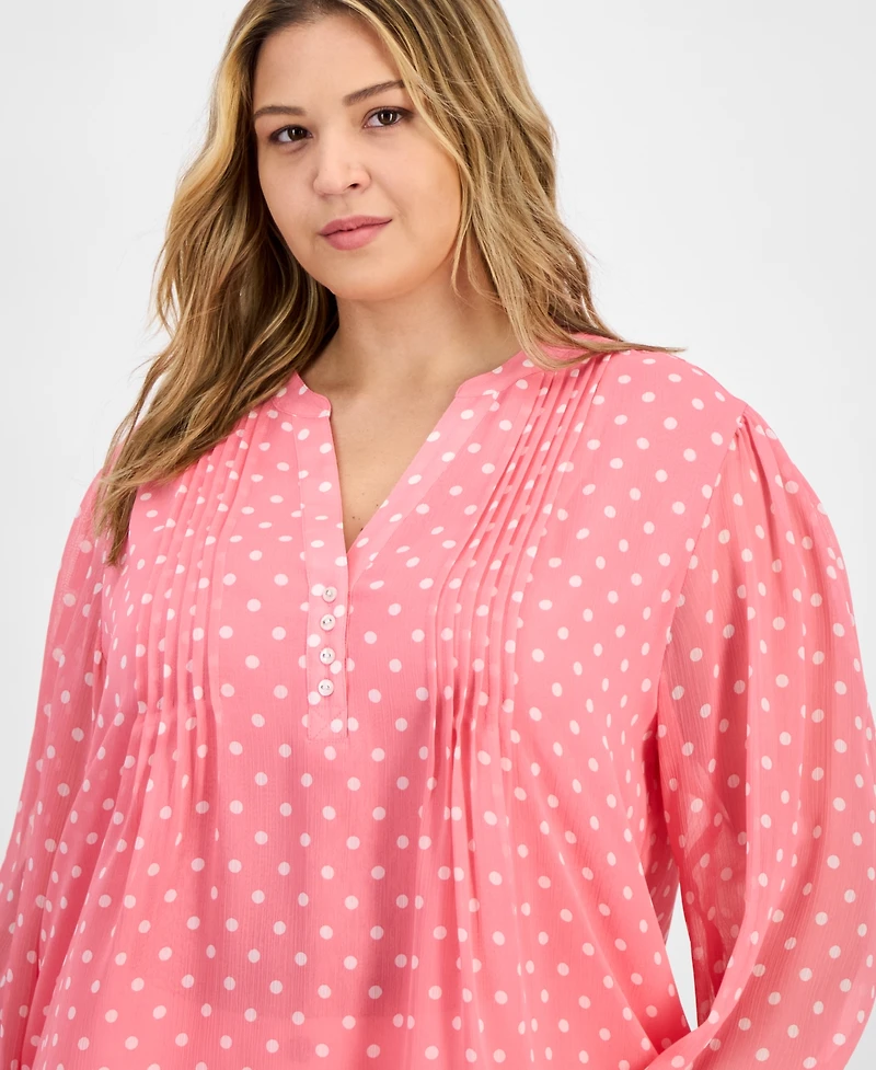 Tommy Hilfiger Plus Dot Print Pintuck 3/4-Sleeve Top