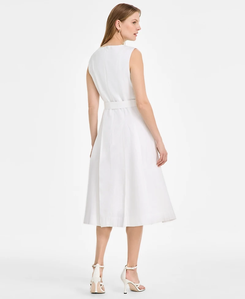 Msk Women's Square-Neck Belted A-Line Sleeveless Dress
