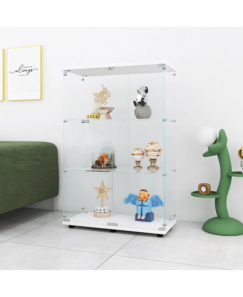 Lovmor Two-door Glass Display Cabinet 3 Shelves with Door, Floor Standing Curio Bookshelf for Living Room Bedroom Office